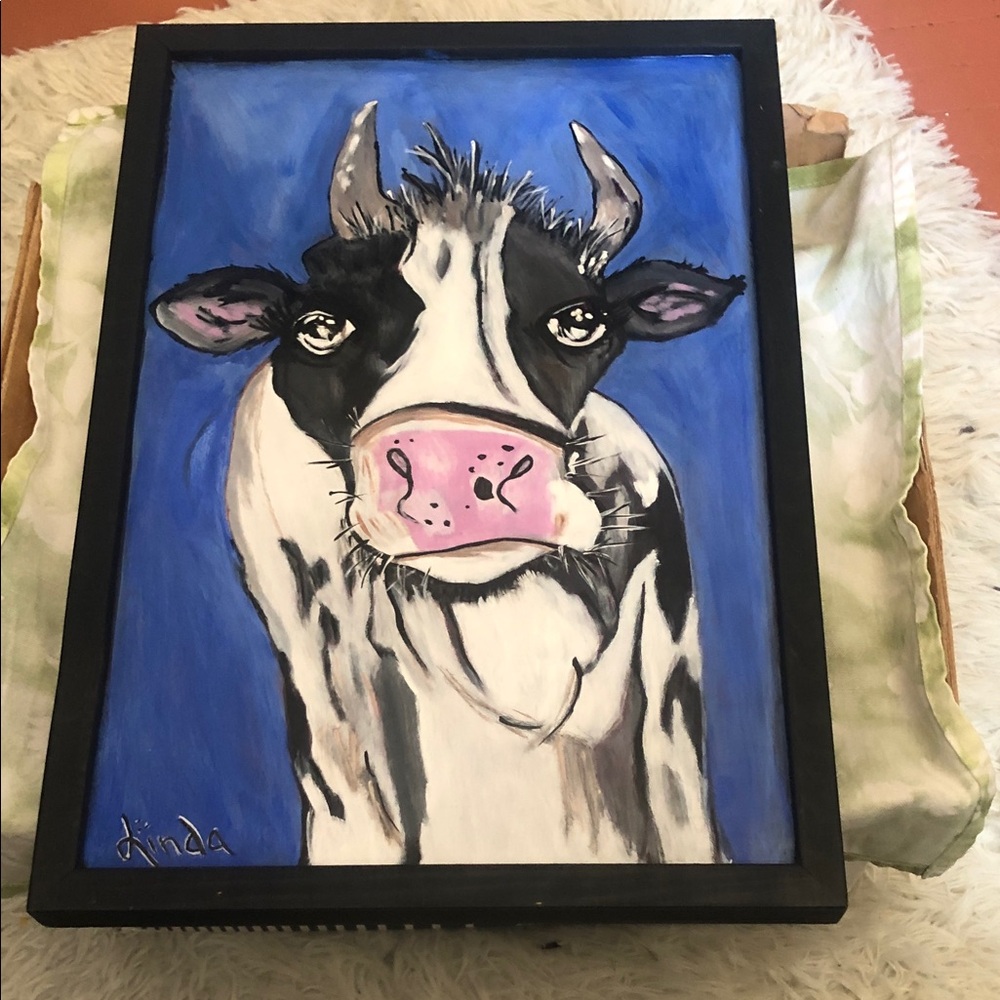 Hand-Painted Cow Portrait Canvas Art in Blue and Black